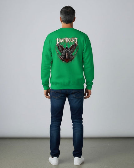 GYM PANTHERS green crewneck sweatshirt with a graphic of a winged figure holding a sword and the word DEATHBOUND.