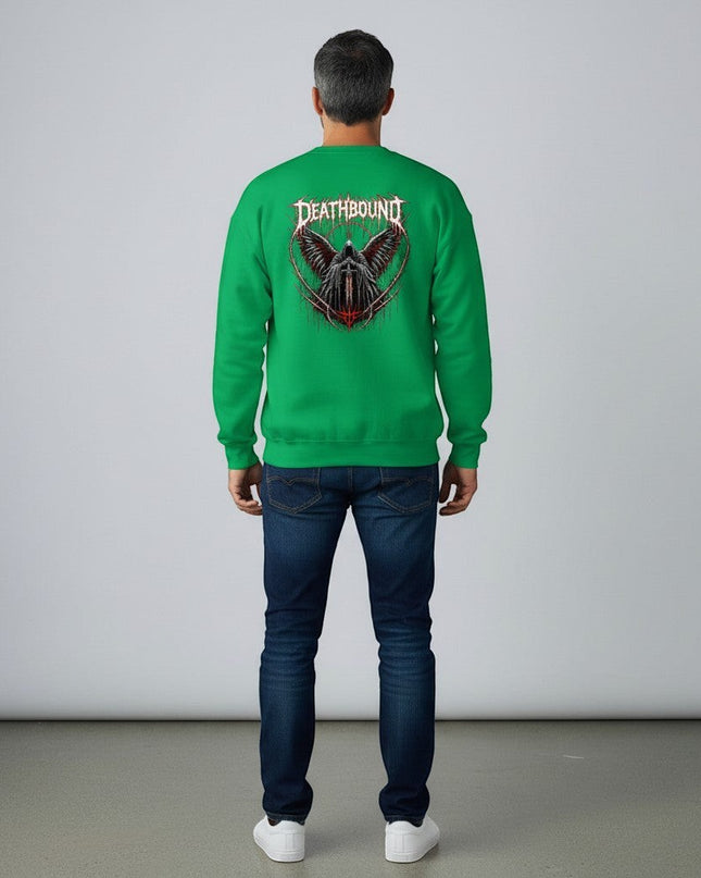 GYM PANTHERS green crewneck sweatshirt with a graphic of a winged figure holding a sword and the word DEATHBOUND.