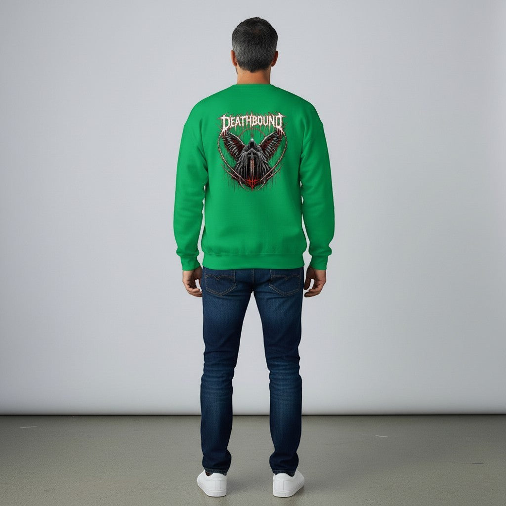 GYM PANTHERS green crewneck sweatshirt with a graphic of a winged figure holding a sword and the word DEATHBOUND.