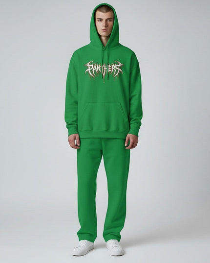 GYM PANTHERS green unisex hoodie with a white dripping graphic logo on the chest. Comfortable streetwear.