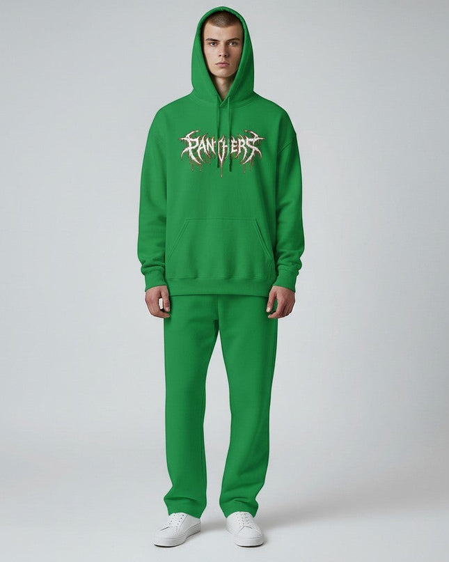 GYM PANTHERS green unisex hoodie with a white dripping graphic logo on the chest. Comfortable streetwear.