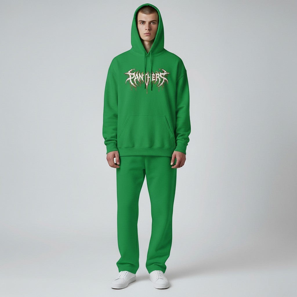 GYM PANTHERS green unisex hoodie with a white dripping graphic logo on the chest. Comfortable streetwear.