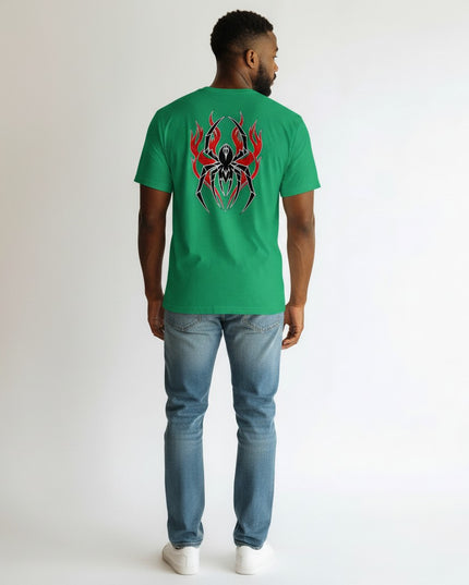 GYM PANTHERS green t-shirt with a black and red spider and flame graphic on the back.
