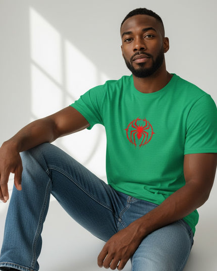 GYM PANTHERS green t-shirt with red spider graphic on chest. Short sleeves, crew neck, comfortable fit.