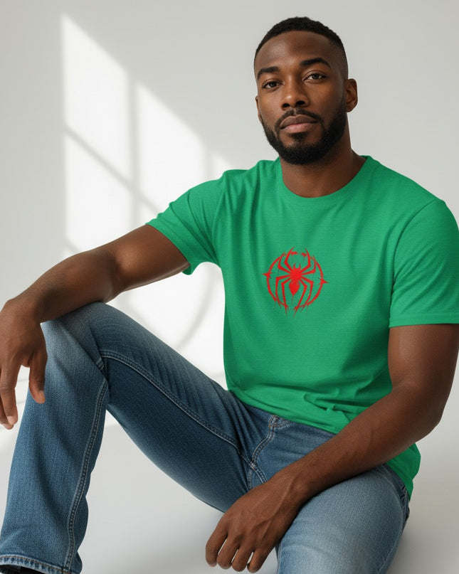 GYM PANTHERS green t-shirt with red spider graphic on chest. Short sleeves, crew neck, comfortable fit.