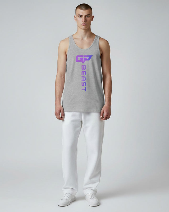 GYM PANTHERS grey cotton tank top with vertical purple gradient 'BEAST' graphic and GP logo.