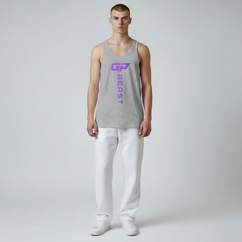 GYM PANTHERS grey cotton tank top with vertical purple gradient 'BEAST' graphic and GP logo.
