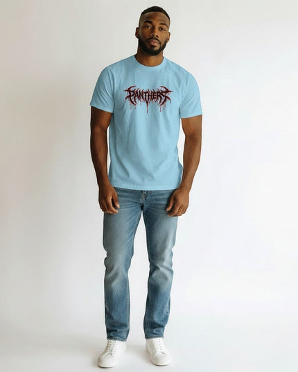 GYM PANTHERS light blue 100% cotton t-shirt with a black and red graphic logo that says Panthers.