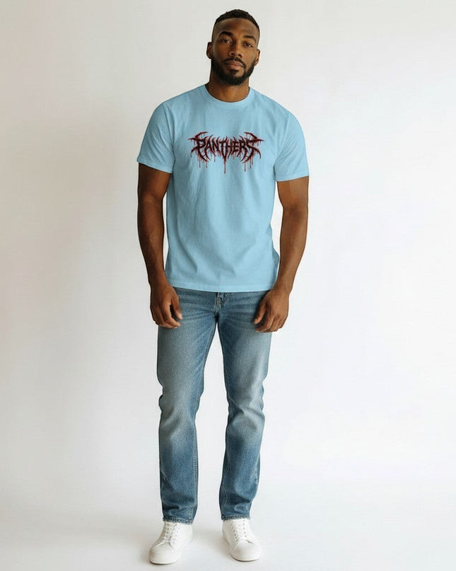 GYM PANTHERS light blue 100% cotton t-shirt with a black and red graphic logo that says Panthers.