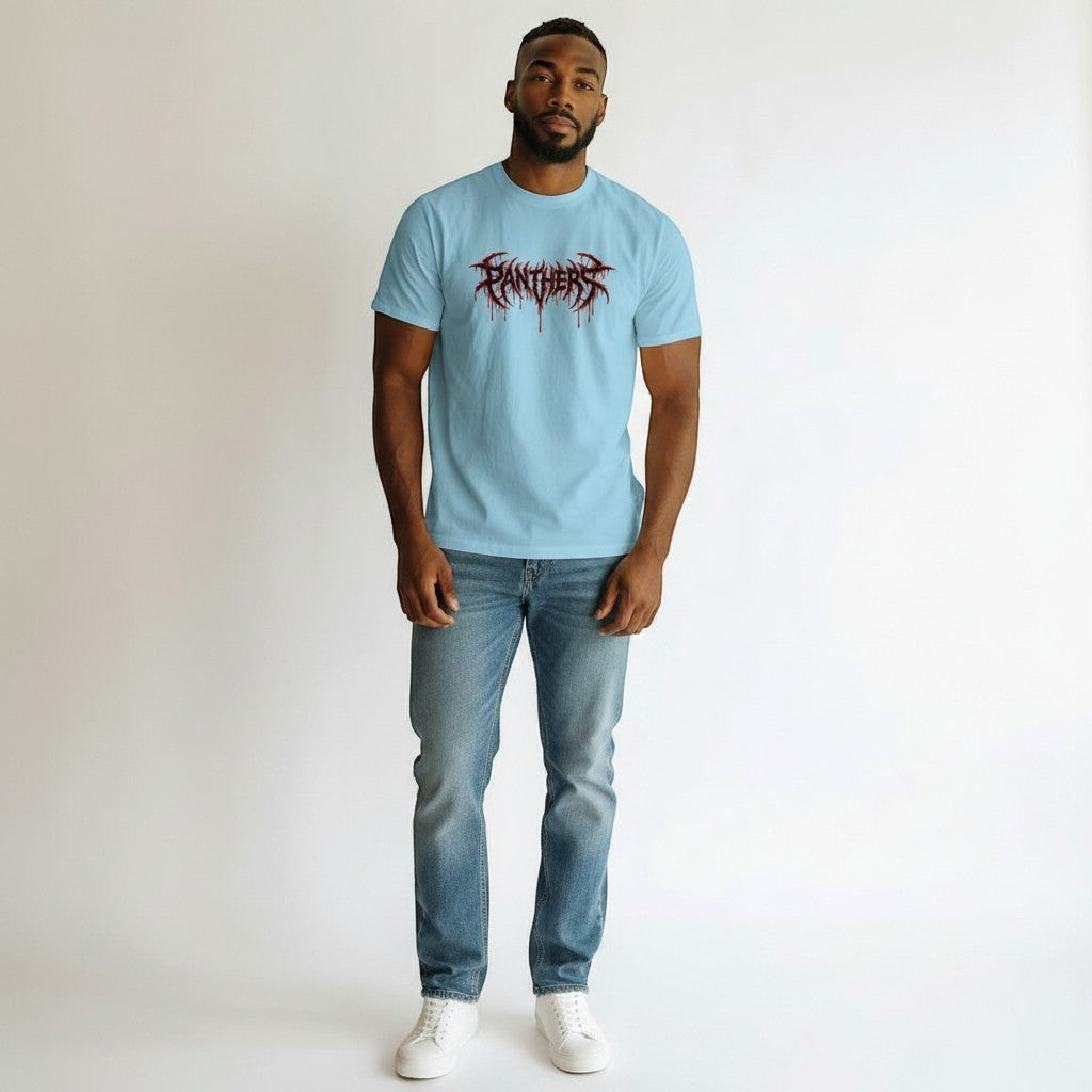 GYM PANTHERS light blue 100% cotton t-shirt with a black and red graphic logo that says Panthers.