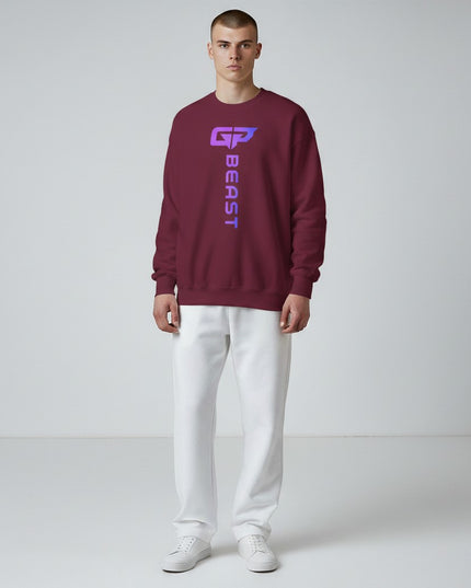 GYM PANTHERS maroon crewneck sweatshirt with vertical gradient 'BEAST' logo on chest. Men's athletic apparel.
