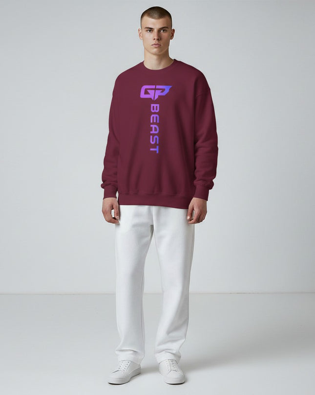 GYM PANTHERS maroon crewneck sweatshirt with vertical gradient 'BEAST' logo on chest. Men's athletic apparel.