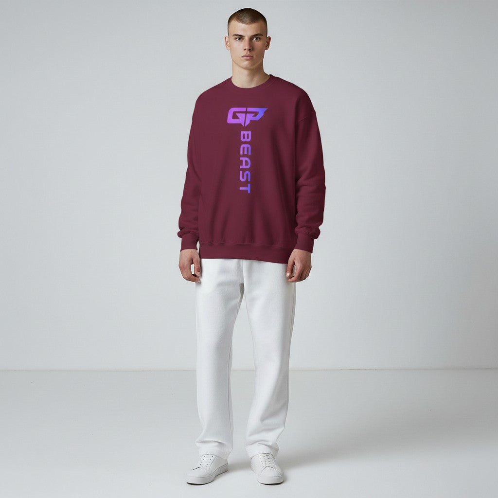 GYM PANTHERS maroon crewneck sweatshirt with vertical gradient 'BEAST' logo on chest. Men's athletic apparel.