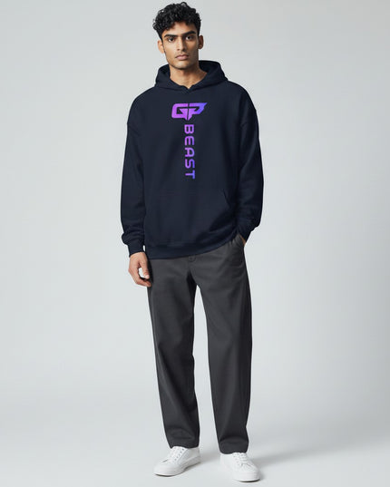 GYM PANTHERS navy blue unisex hoodie with vertical gradient 'BEAST' logo on chest. Comfortable for gym or casual wear.