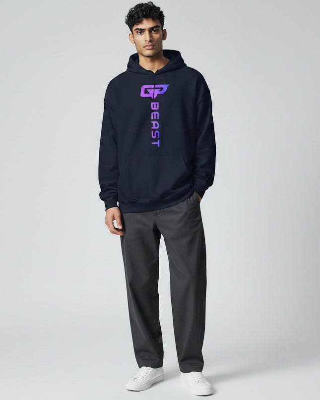 GYM PANTHERS navy blue unisex hoodie with vertical gradient 'BEAST' logo on chest. Comfortable for gym or casual wear.