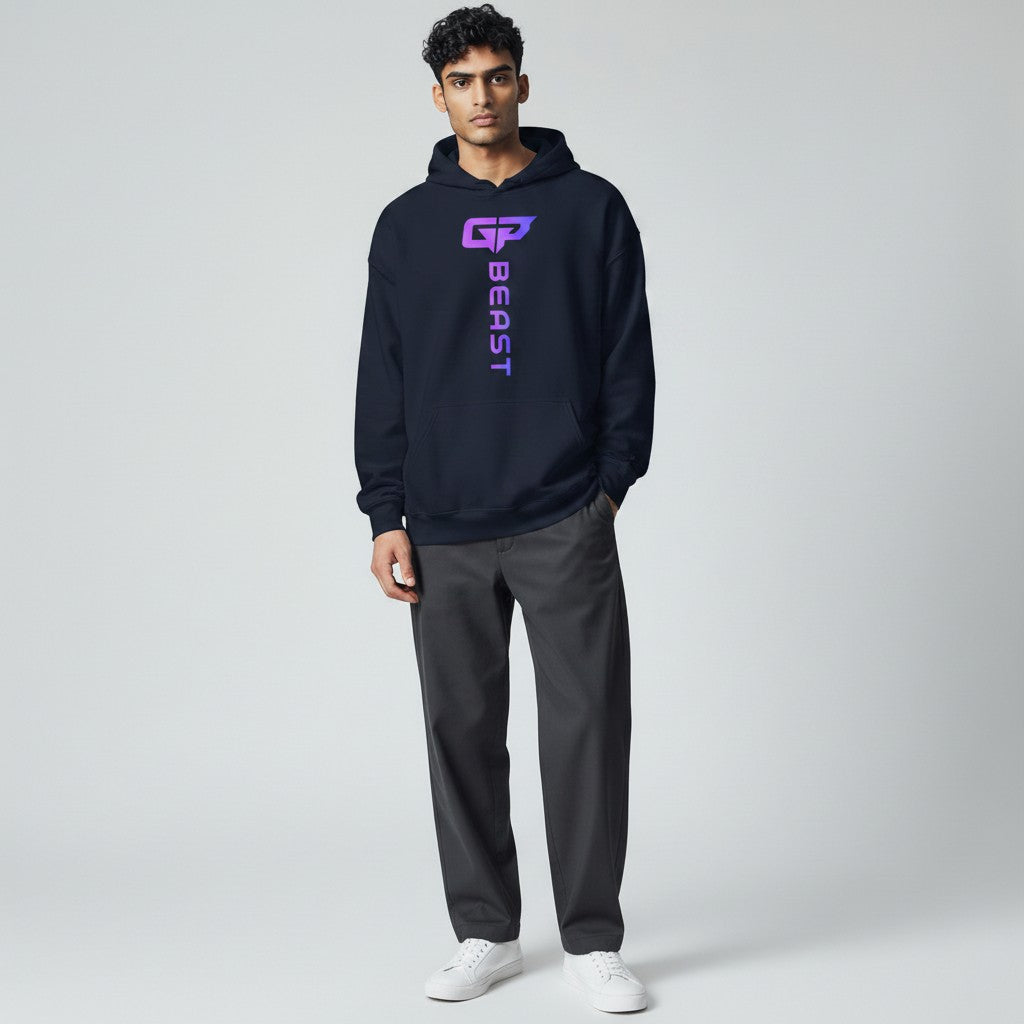 GYM PANTHERS navy blue unisex hoodie with vertical gradient 'BEAST' logo on chest. Comfortable for gym or casual wear.