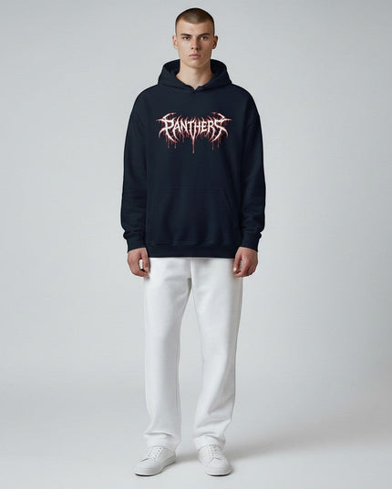 Navy blue GYM PANTHERS Deathbound hoodie with white and red dripping graphic logo on chest. Soft fabric, structured fit.