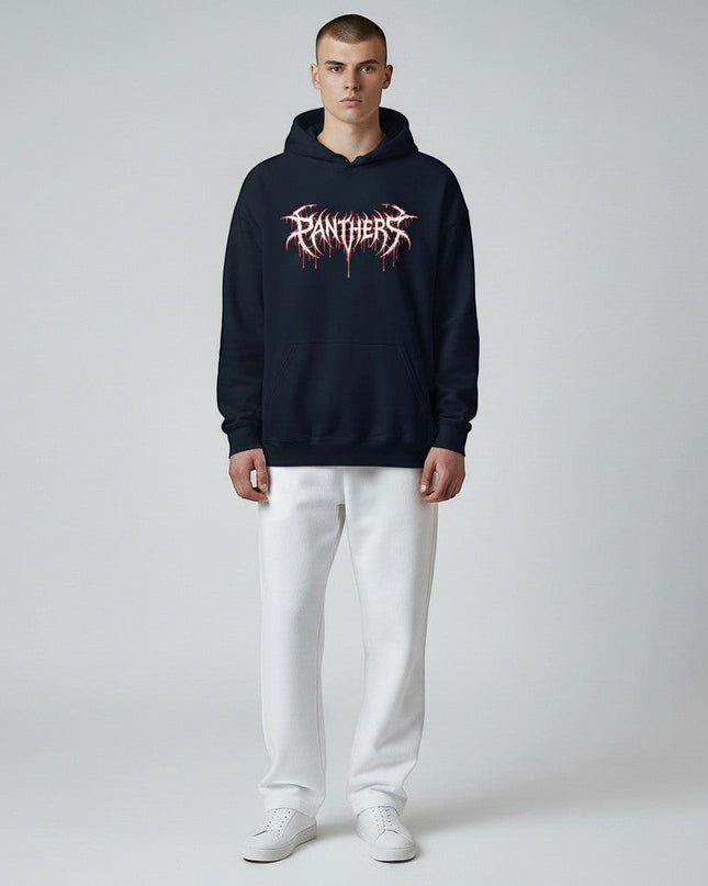 Navy blue GYM PANTHERS Deathbound hoodie with white and red dripping graphic logo on chest. Soft fabric, structured fit.