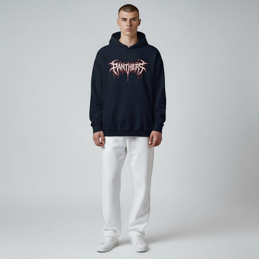 Navy blue GYM PANTHERS Deathbound hoodie with white and red dripping graphic logo on chest. Soft fabric, structured fit.