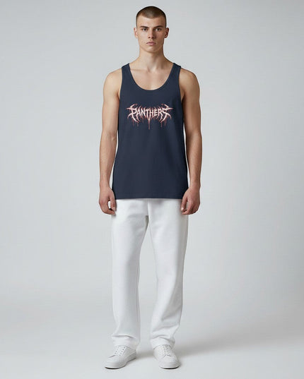 GYM PANTHERS navy blue 100% cotton tank top with white and red 'Panthers' graphic print. Sleeveless design, ideal for training or casual wear.