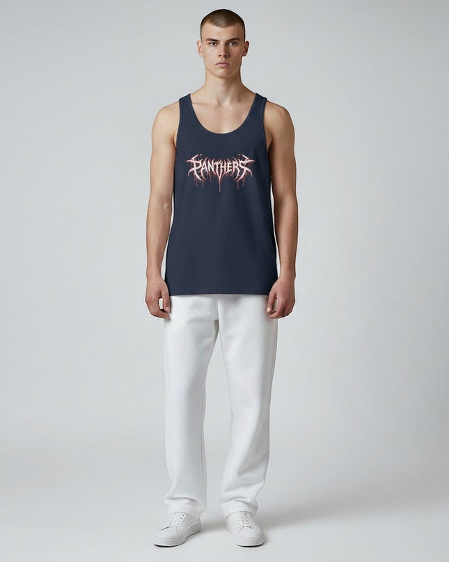 GYM PANTHERS navy blue 100% cotton tank top with white and red 'Panthers' graphic print. Sleeveless design, ideal for training or casual wear.