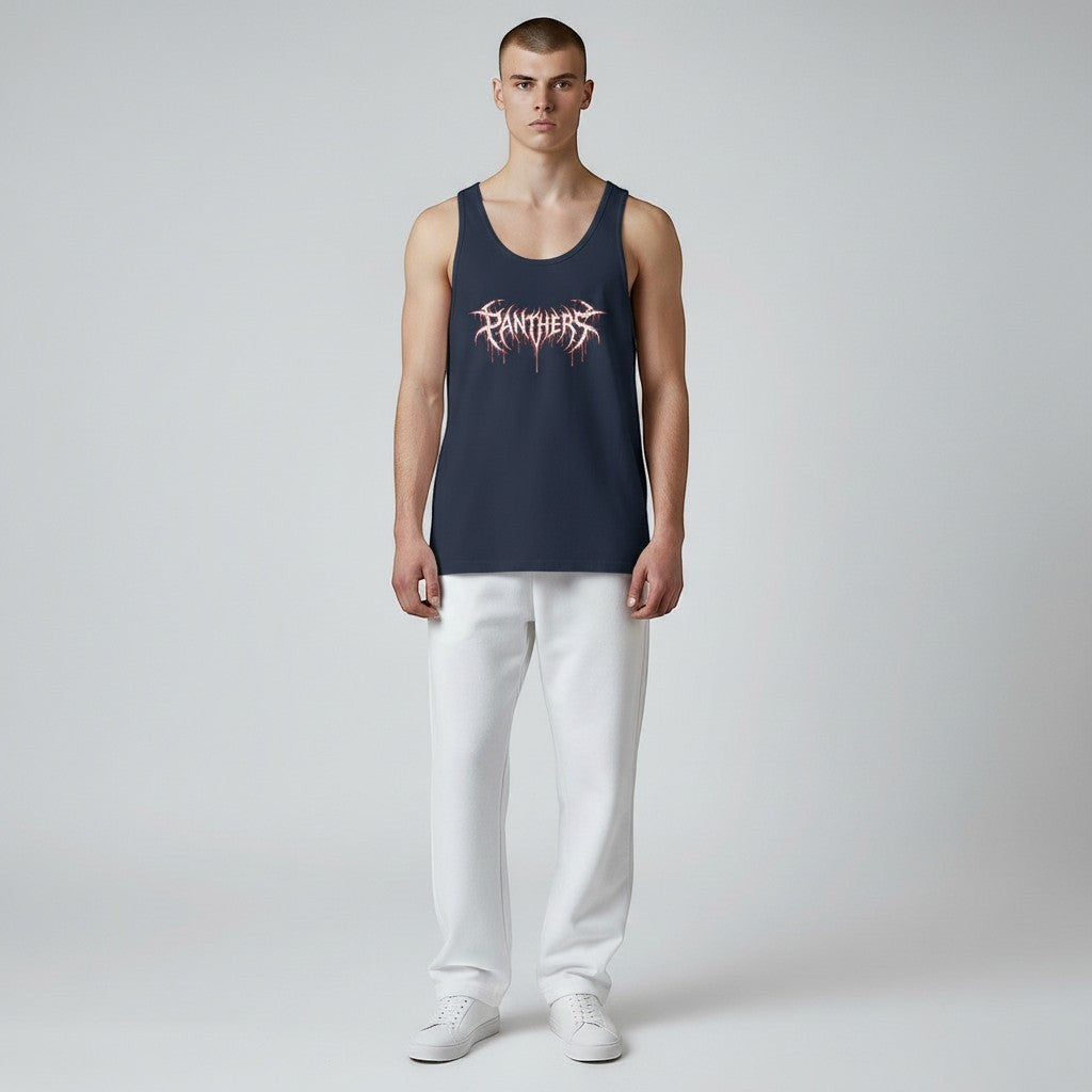 GYM PANTHERS navy blue 100% cotton tank top with white and red 'Panthers' graphic print. Sleeveless design, ideal for training or casual wear.