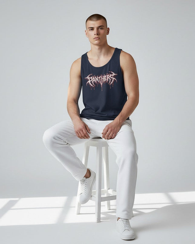 GYM PANTHERS navy blue 100% cotton tank top with white and red graphic logo on chest. Sleeveless, crew neck.