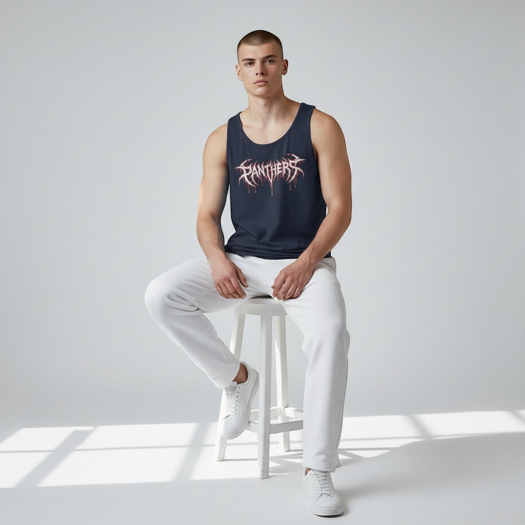 GYM PANTHERS navy blue 100% cotton tank top with white and red graphic logo on chest. Sleeveless, crew neck.