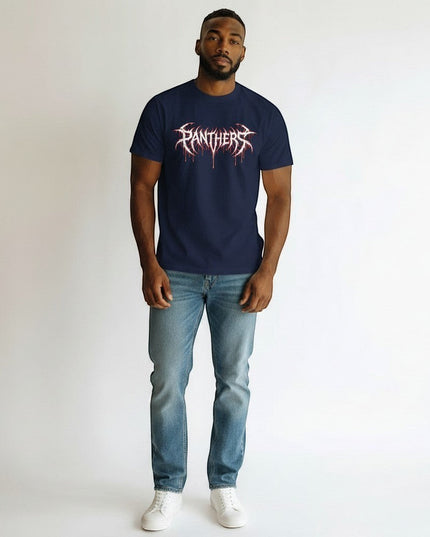 GYM PANTHERS navy blue 100% cotton t-shirt with white and red graphic logo.