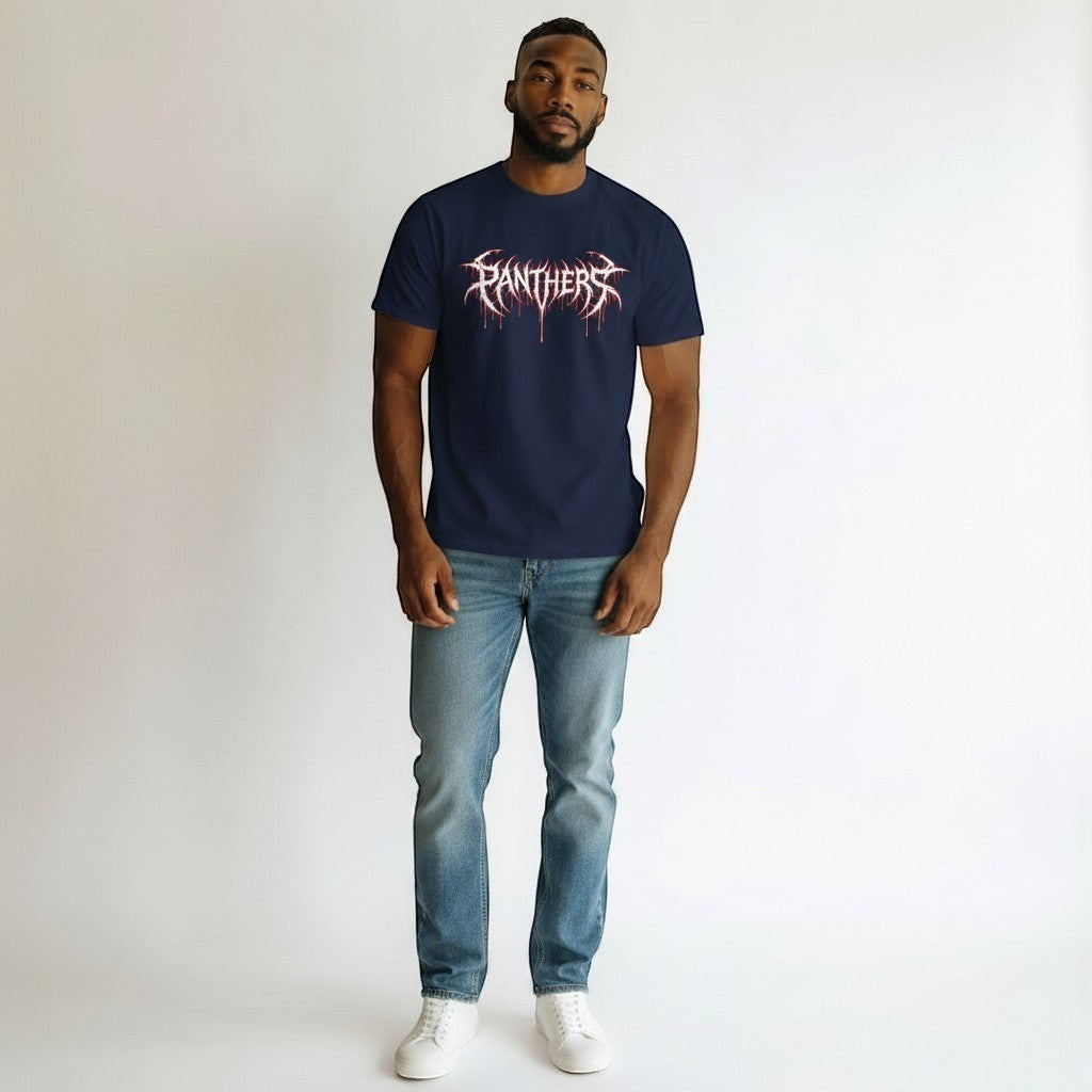 GYM PANTHERS navy blue 100% cotton t-shirt with white and red graphic logo.