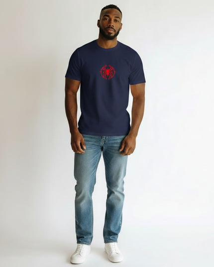 GYM PANTHERS navy blue t-shirt with a red spider graphic on the chest. Short sleeves, crew neck.