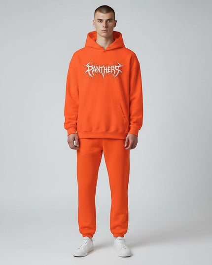 GYM PANTHERS orange graphic hoodie with dripping white 'Panthers' text and fallen wing design. Soft, durable fabric for warmth and comfort.