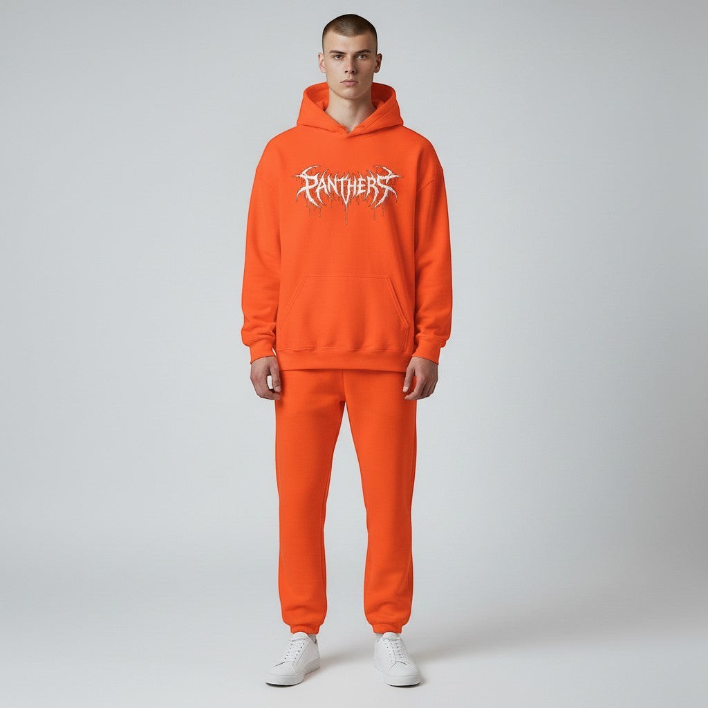 GYM PANTHERS orange graphic hoodie with dripping white 'Panthers' text and fallen wing design. Soft, durable fabric for warmth and comfort.