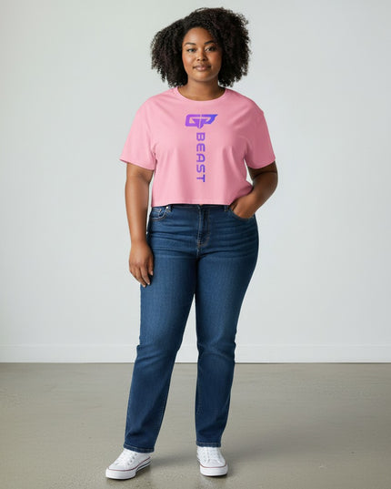 GYM PANTHERS pink combed cotton Beast Elite crop top with gradient logo on front. Relaxed fit, dropped shoulders, cropped cut.