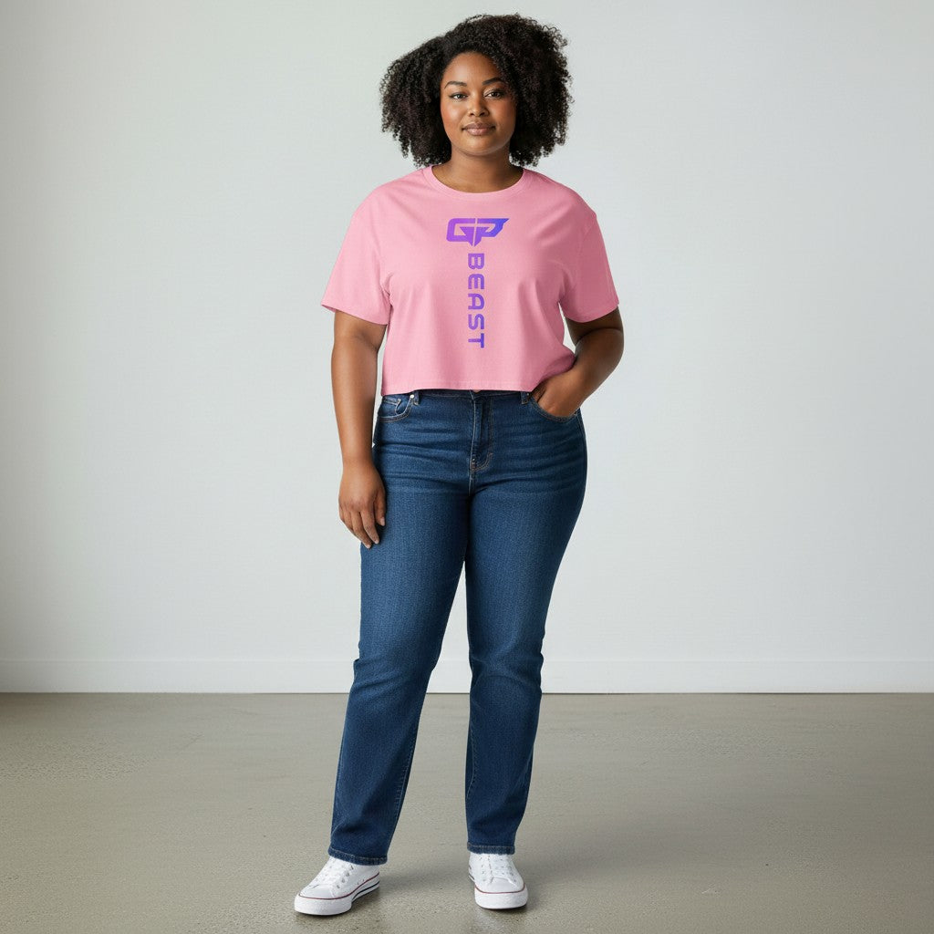GYM PANTHERS pink combed cotton Beast Elite crop top with gradient logo on front. Relaxed fit, dropped shoulders, cropped cut.