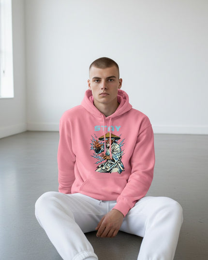 GYM PANTHERS pink cotton-blend hoodie with a graphic of a meditating figure surrounded by lightning and the word STAY.