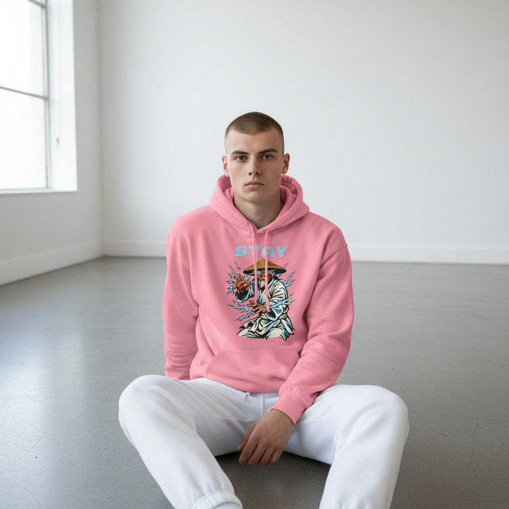 GYM PANTHERS pink cotton-blend hoodie with a graphic of a meditating figure surrounded by lightning and the word STAY.