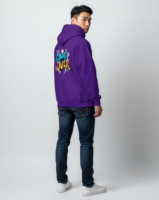 GYM PANTHERS purple hoodie with "GAME OVER" graffiti-style graphic on back. Soft-touch finish, structured fit.