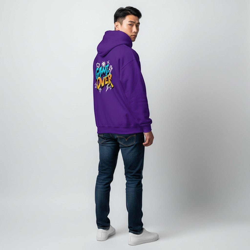 GYM PANTHERS purple hoodie with "GAME OVER" graffiti-style graphic on back. Soft-touch finish, structured fit.