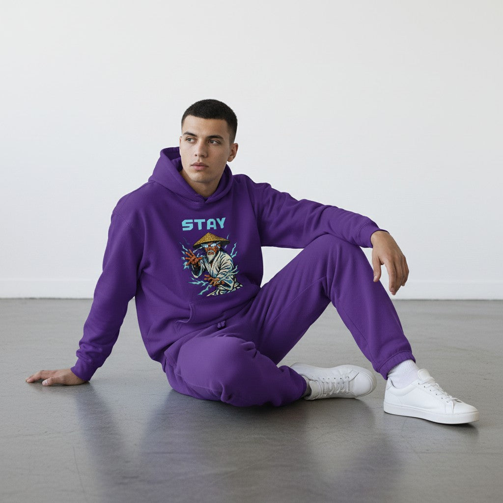 GYM PANTHERS purple cotton-blend hoodie with a graphic print of an old man in a conical hat surrounded by lightning.