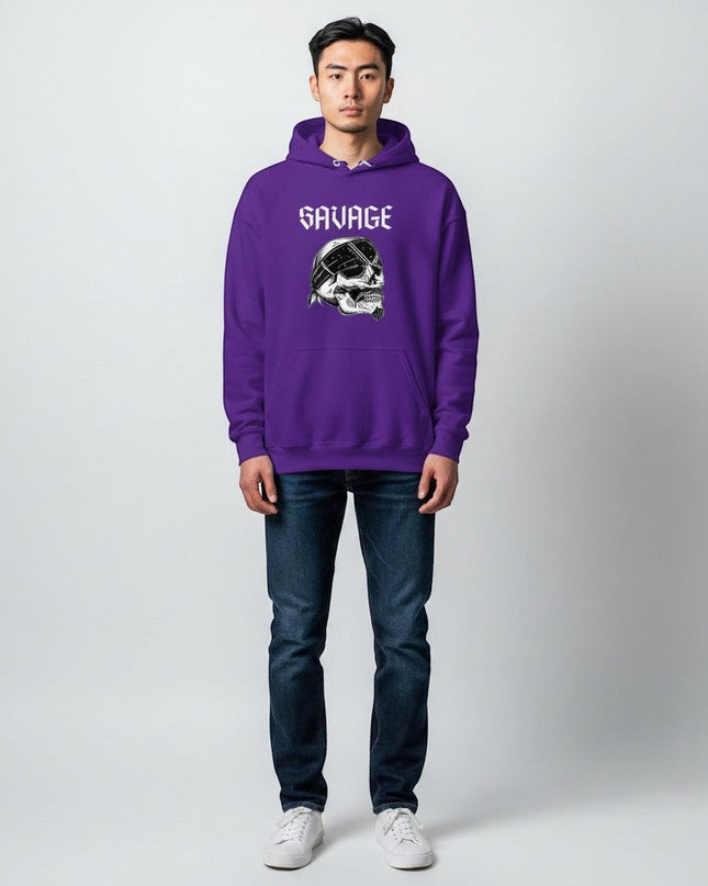 GYM PANTHERS purple IronVein hoodie with skull graphic and SAVAGE text. Soft-touch finish, structured fit.
