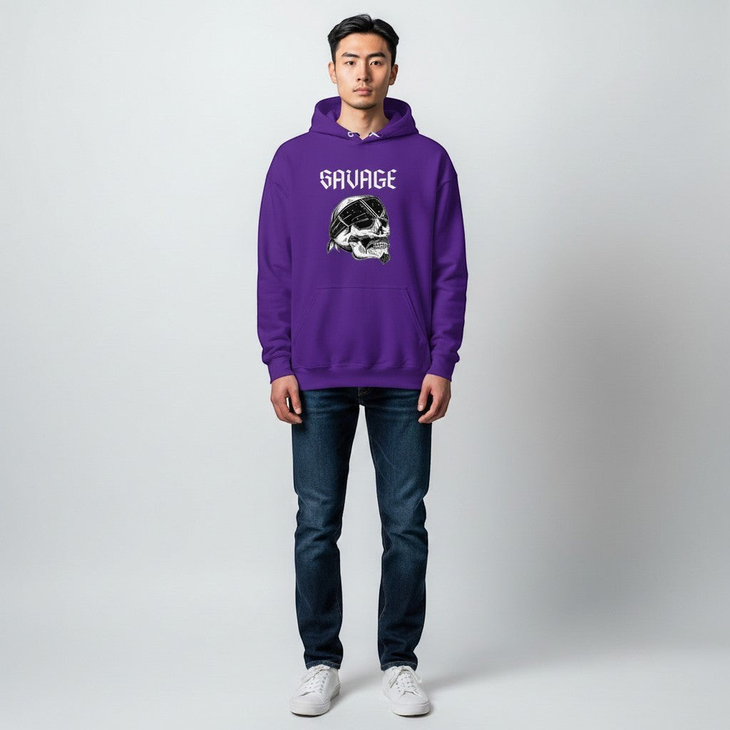 GYM PANTHERS purple IronVein hoodie with skull graphic and SAVAGE text. Soft-touch finish, structured fit.