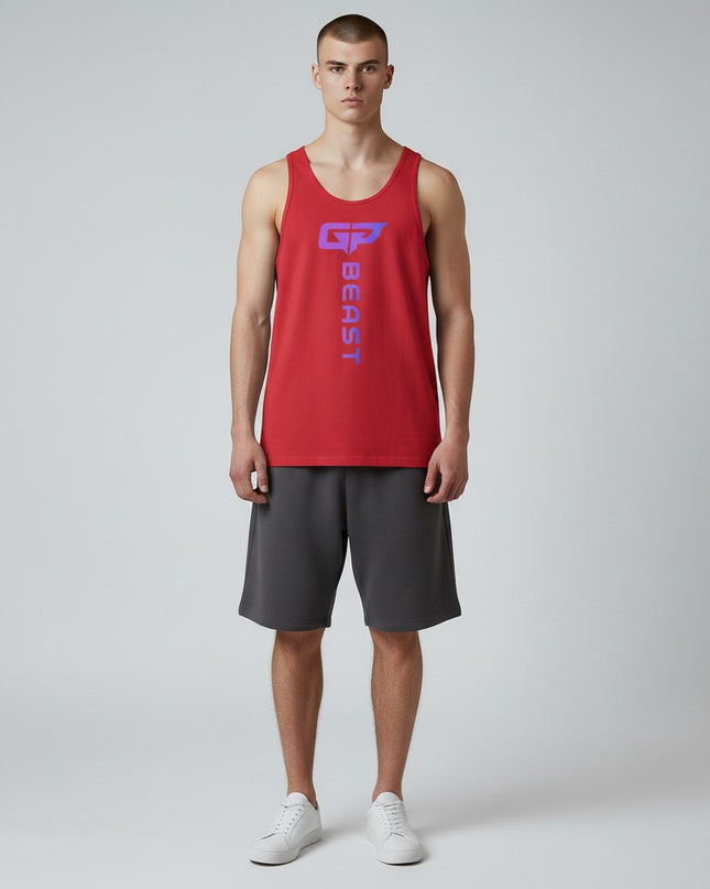 GYM PANTHERS red combed and ring-spun cotton Beast Elite Tank top with gradient GP logo and BEAST text.
