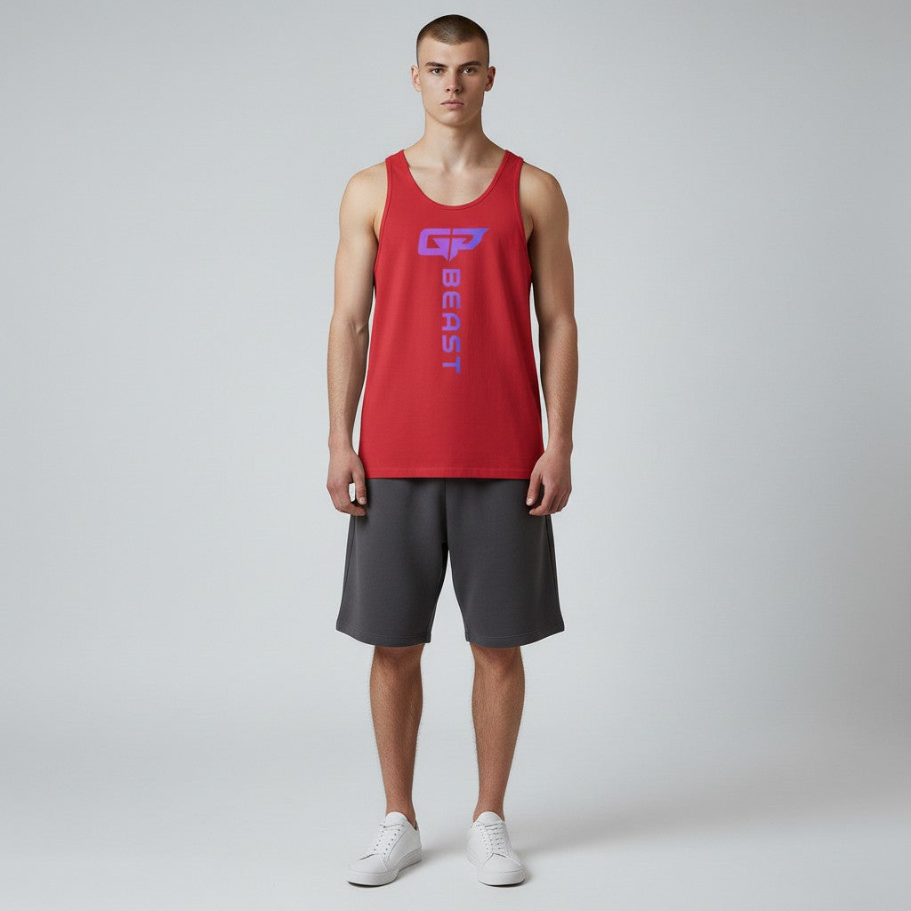 GYM PANTHERS red combed and ring-spun cotton Beast Elite Tank top with gradient GP logo and BEAST text.