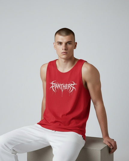 GYM PANTHERS red cotton tank top with white 'Panthers' graphic print. Sleeveless design, ideal for training or casual wear.