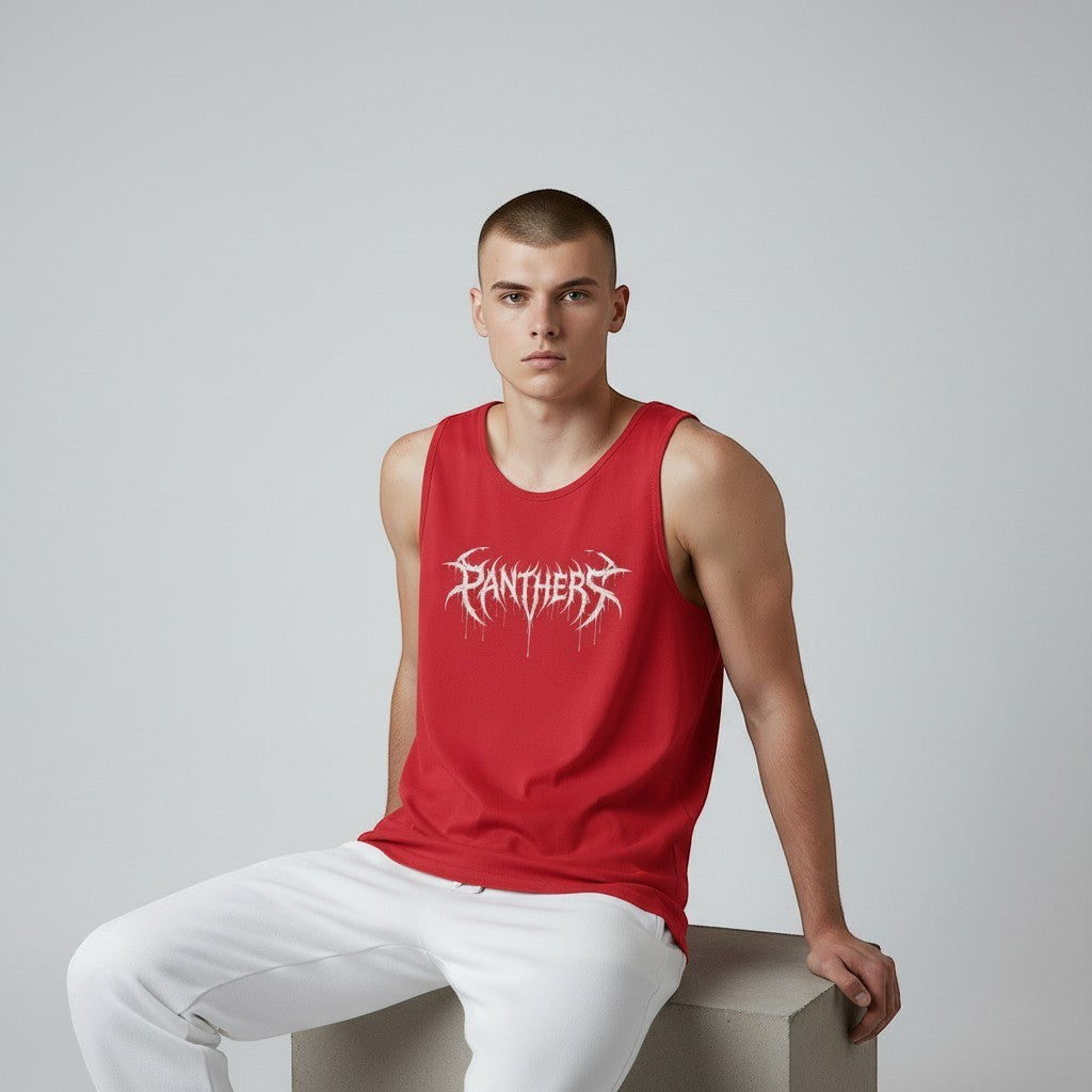 GYM PANTHERS red cotton tank top with white 'Panthers' graphic print. Sleeveless design, ideal for training or casual wear.
