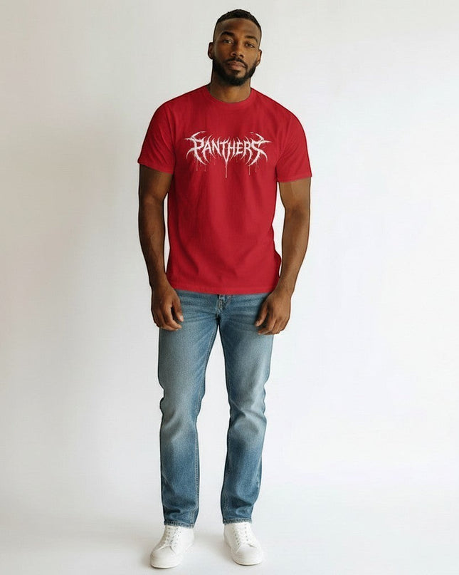 GYM PANTHERS red cotton t-shirt with white 'Panthers' graphic logo on the chest. Soft, lightweight, and flattering fit.