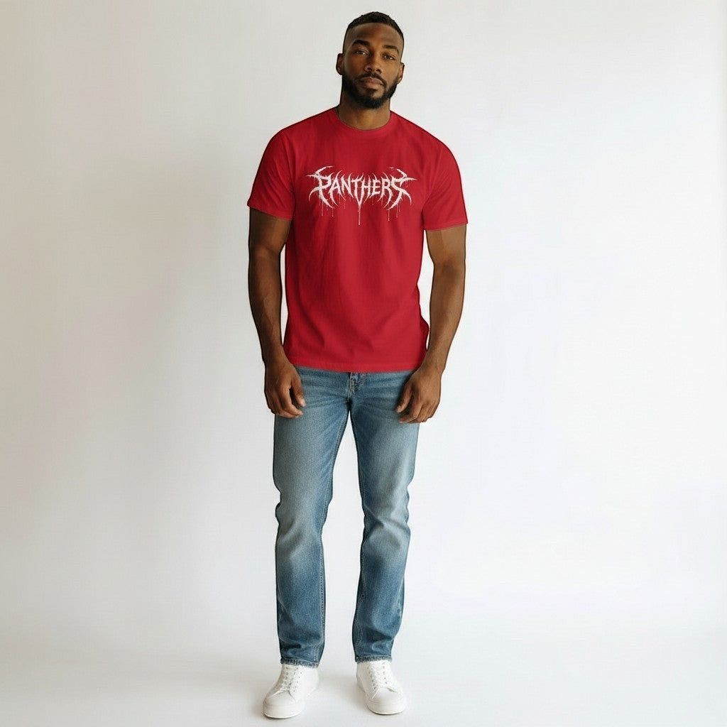 GYM PANTHERS red cotton t-shirt with white 'Panthers' graphic logo on the chest. Soft, lightweight, and flattering fit.