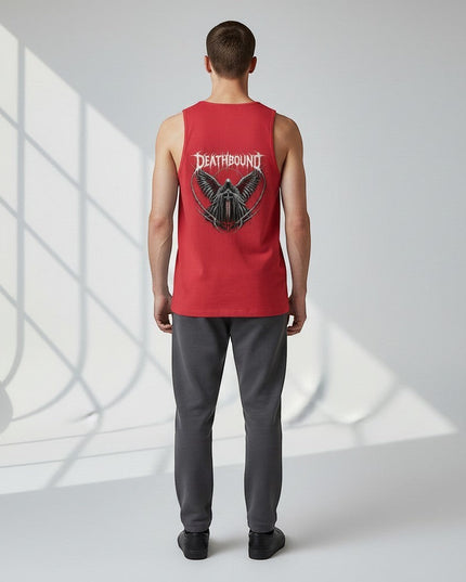 GYM PANTHERS red cotton tank top with 'Deathbound' graphic featuring a grim reaper figure with wings and a sword.