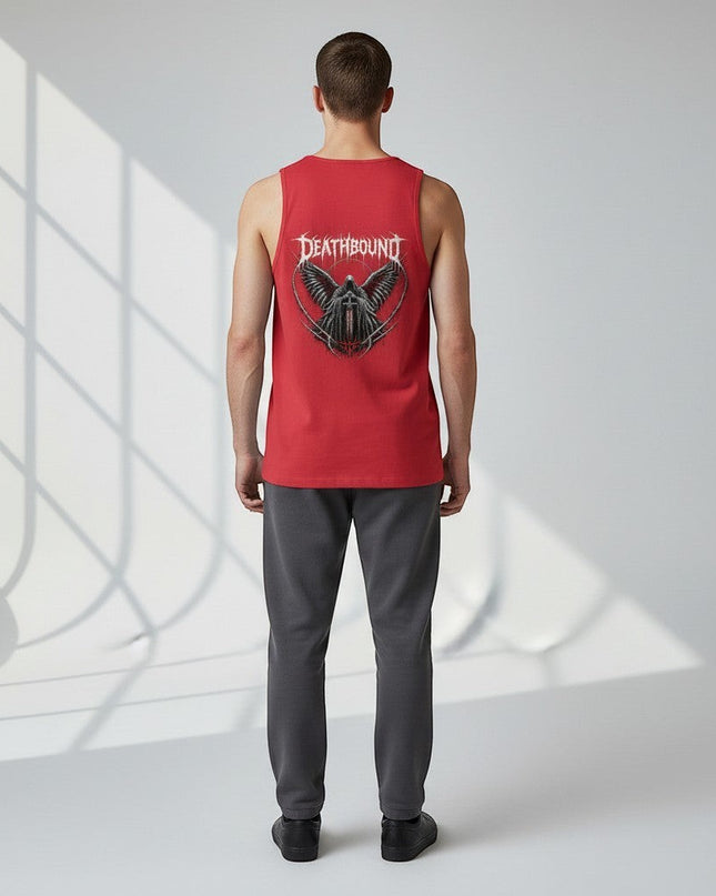 GYM PANTHERS red cotton tank top with 'Deathbound' graphic featuring a grim reaper figure with wings and a sword.